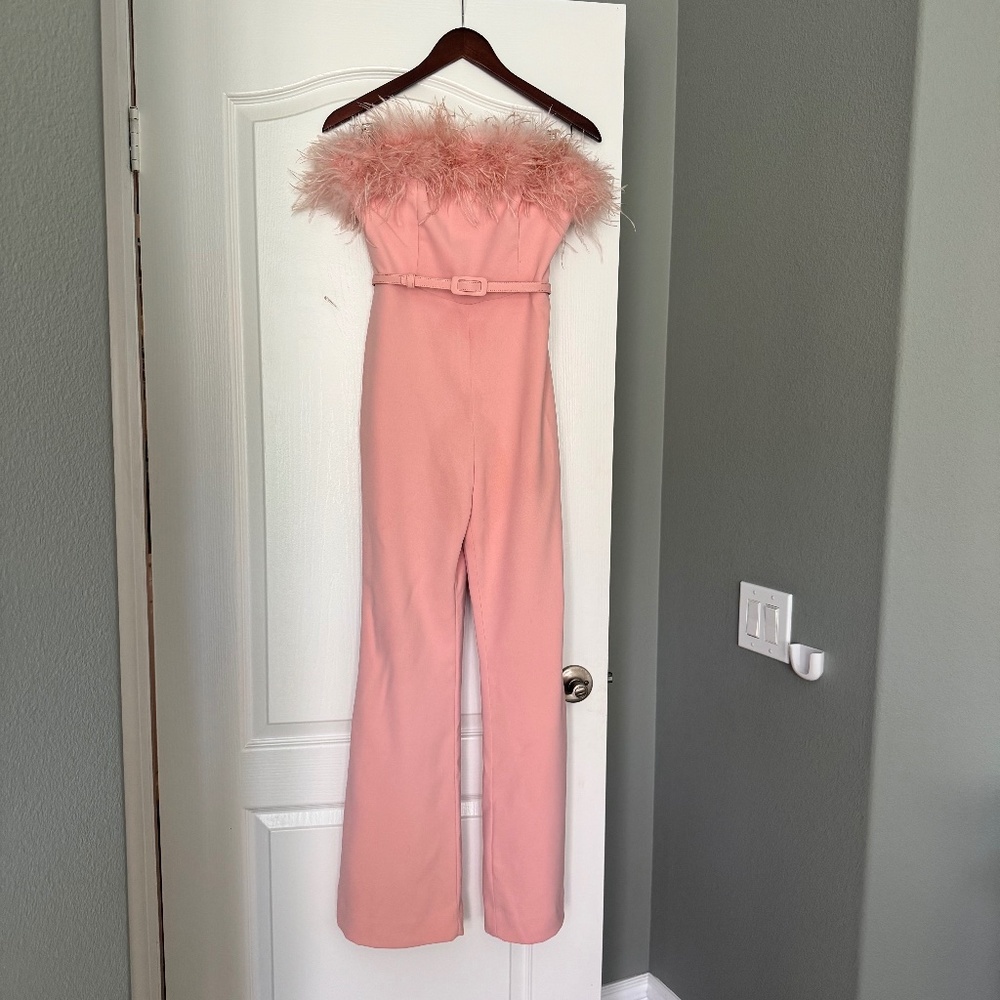Nadine Merabi Colette Feather strapless jumpsuit Size S/M